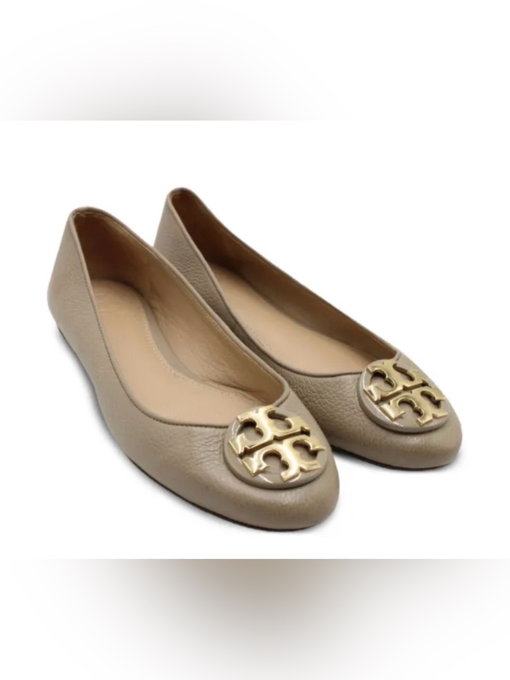 Tory Burch Reva Taupe Leather Logo Cap-Toe Ballet Flats 8.5 $225
